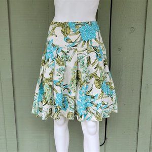 New ANN TAYLOR LOFT White Aqua Floral Pleated Skirt 0 Cotton